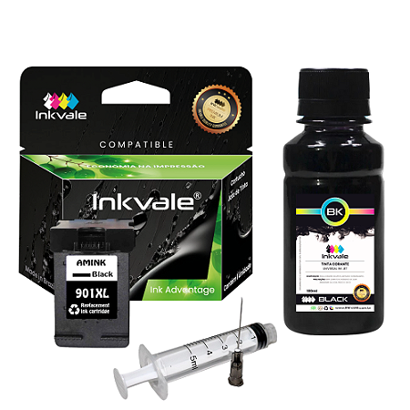 Cartucho Compatível Inkvale Impressora HP 901xl 901 XL Preto + Kit Recarga 100ml Tinta