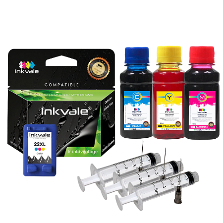 Cartucho Compatível Inkvale Impressora HP 22 XL Color + Kit Recarga 300ml Tinta