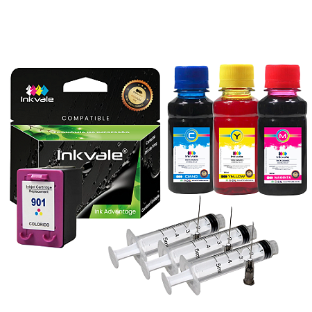 Cartucho Compatível Inkvale Impressora HP 901 Color + Kit Recarga 300ml Tinta