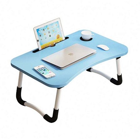 Mesa Dobrável para Notebook Home Office Sofá Cama Multiuso com Suporte e Porta-Copo Azul