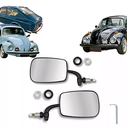Retrovisor Fusca Mexicano Preto Par Lente Convexo Prata Aço
