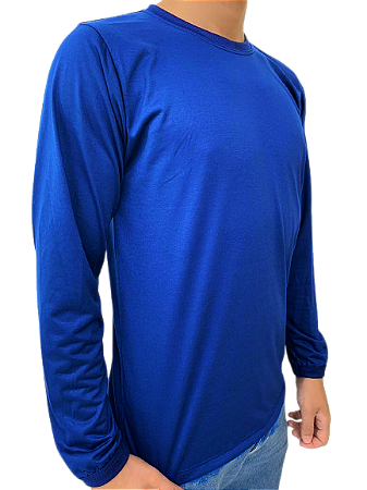 Camiseta em Malha Manga Longa Gola Redonda Cor Azul Royal
