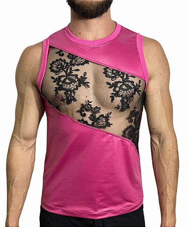 Regata Cirrê Pink Detalhe Tule Bordado Floral Preto