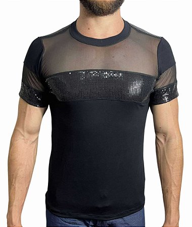 Camiseta Viscolycra Detalhes em Tule e Paetê