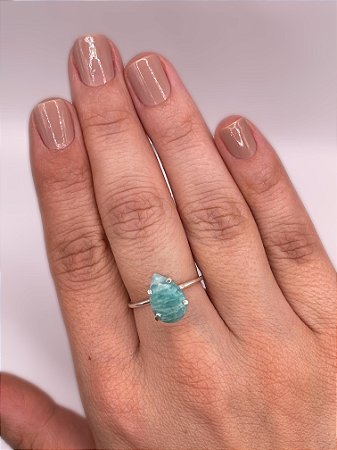 Anel Ajustável Amazonita Gota M Prata 925 - Calmante
