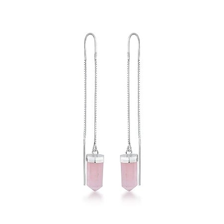 Brinco Corrente Dupla Quartzo Rosa Prata 925 - Amor e Relacionamentos