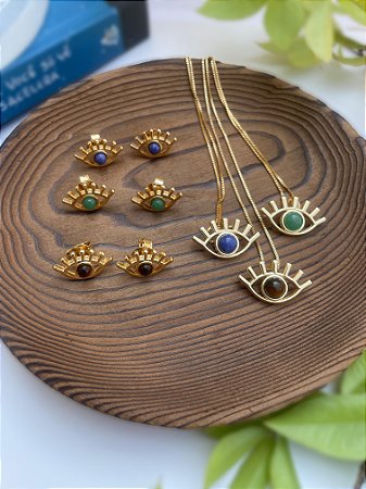 Conjunto Dourado Olho Grego com Pedra Natural