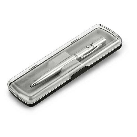 Esferográfica. Metal. Com ponteira laser e LED