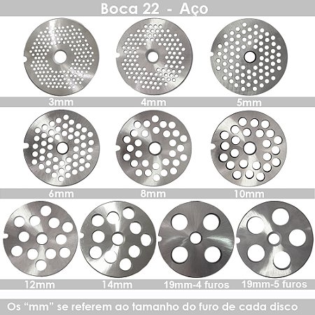 Disco Aço carbono para Moedor de Carne Boca 22 - de 3mm a 14