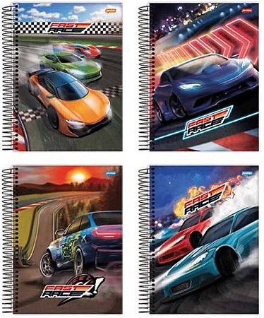 Caderno capa dura 1/4 espiral 80 folhas Fast Racing Jandaia