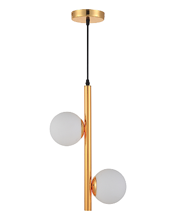 Luminária Pendente Lustre Jabuticaba Dourado Com 2 Bolas Globo Esfera Opaco Leitoso Moderno Luxo COD10115