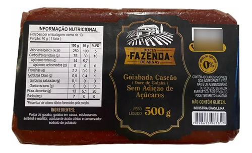 Goiabada Cascão Diet Zero Açúcar - Fazenda De Minas  - 500 G