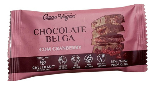Chocolate Belga Vegano Com Cranberry - Cacau Vegan - 30 G