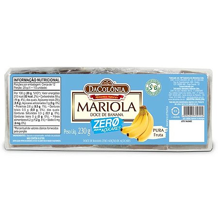 Doce de Banana Zero Açúcar Mariola Dacolônia 15 un - 230 g
