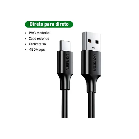 CABO UGREEN USB-A/USB-C 3A US287 2M PRETO