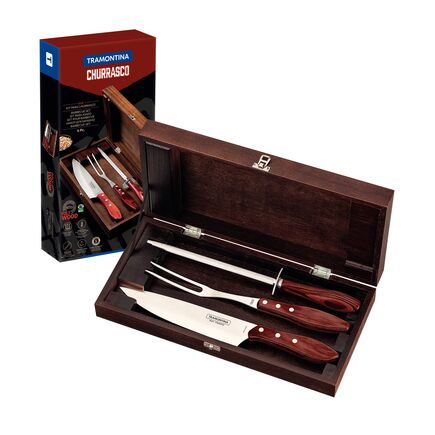 KIT PARA CHURRASCO TRAMONTINA EM AÇO INOX E CABO DE MADEIRA VERMELHO POLYWOOD COM ESTOJO DE MADEIRA 4 PEÇAS - 21198764