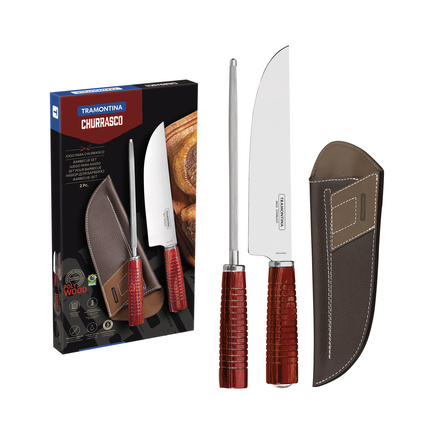 JOGO DE FACAS TRAMONTINA COM LÂMINAS EM AÇO INOX E CABOS DE MADEIRA TRATADA POLYWOOD VERMELHO COM CHAIRA 02 PEÇAS - 21199795