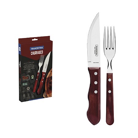 JOGO DE TALHERES JUMBO PARA CHURRASCO TRAMONTINA EM AÇO INOX COM CABO VERMELHO POLYWOOD 4 PEÇAS - 21198708