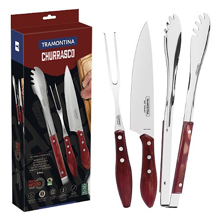 JOGO PARA CHURRASCO TRAMONTINA COM LÂMINAS EM AÇO INOX COM CABO DE MADEIRA TRATADA POLYWOOD VERMELHO 3 PEÇAS - 21198761