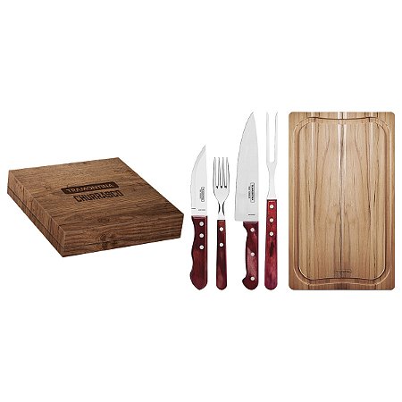 KIT PARA CHURRASCO TRAMONTINA COM LÂMINAS EM AÇO INOX E CABOS EM MADEIRA POLYWOOD VERMELHO COM CAIXA DE PAPELÃO 15 PEÇAS - 21198770
