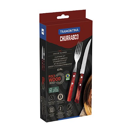 JOGO DE TALHERES PARA CHURRASCO TRAMONTINA COM LAMINAS DE AÇO INOX COM CABOS DE MADEIRA TRATADA POLYWOOD VERMELHO 12 PEÇAS - 21199711