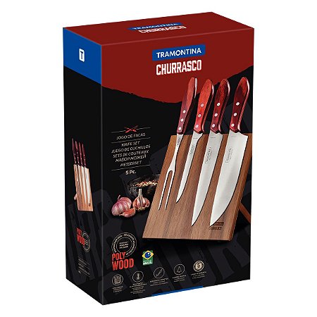 JOGO PARA CHURRASCO TRAMONTINA COM LÂMINAS EM AÇO INOX E CABOS EM MADEIRA POLYWOOD VERMELHO 5 PEÇAS - 21198781