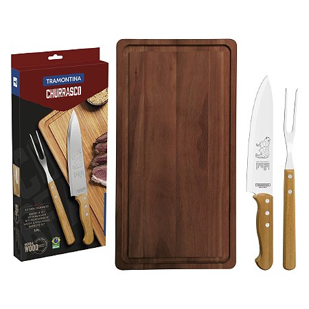 KIT PARA CHURRASCO TRAMONTINA COM LÂMINA EM AÇO INOX CABO DE MADEIRA NATURAL COM TÁBUA DE MADEIRA 3 PEÇAS - 22399076