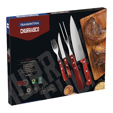 KIT PARA CHURRASCO TRAMONTINA EM AÇO INOX COM CABO VERMELHO POLYWOOD 14 PEÇAS - 21199789