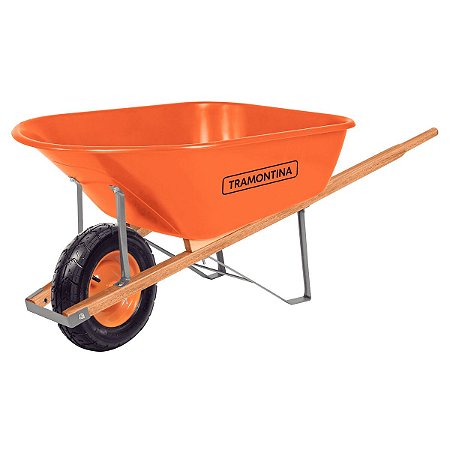 CARRINHO DE MÃO TRAMONTINA COM CAÇAMBA EXTRAFUNDA PLÁSTICA LARANJA 110 L, BRAÇO DE MADEIRA E PNEU COM CÂMARA - 77718421