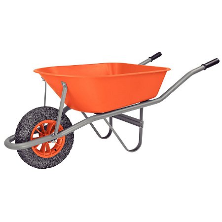 CARRINHO DE MÃO TRAMONTINA COM CAÇAMBA FUNDA PLÁSTICA LARANJA 55 L, BRAÇO METÁLICO E PNEU MACIÇO - 77717231