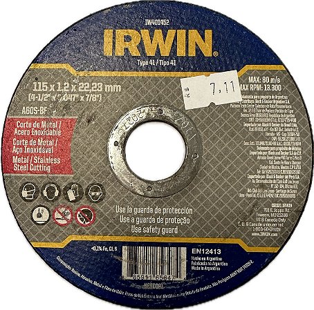 DISCO DE CORTE METAL/INOX FINO 4 1/2"X1,2MMX7/8 - IW401452