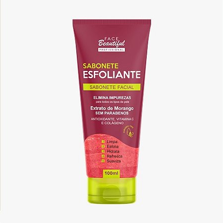 Sabonete facial esfoliante extrato de morango 100ml - Face Beautiful