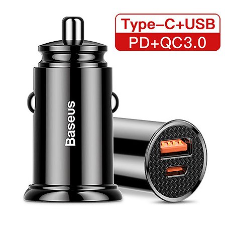 Carregador Veicular Turbo Baseus Quick Charge Usb + Tipo C 30w