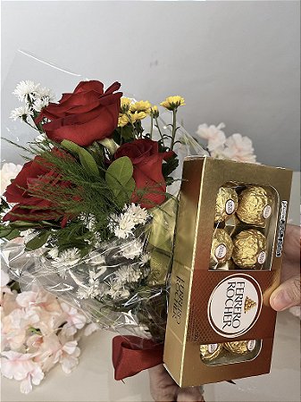 Buquê 3 Rosas e Chocolate Ferrero