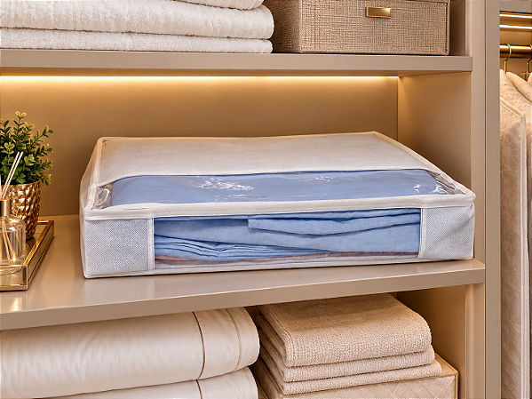 Organizador Protetor Lençol Toalha Tnt Com Visor Transparente Branco 38x50x07cm