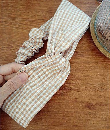 Faixa para cabelo xadrez doce de leite