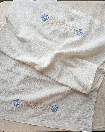 Pano de Prato 45x70 ponto cruz floral bege/azul
