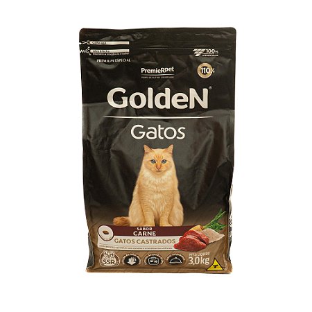 Ração Golden Gatos Castrados Carne 3kg – Controle de Peso e Saúde Urinária