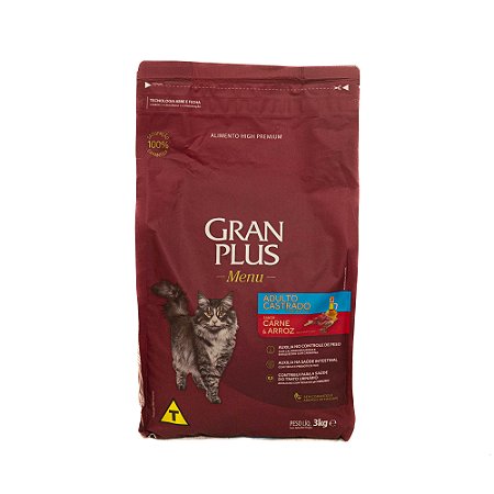 Ração GranPlus Gatos Castrados Carne & Arroz 3kg – Controle de Peso e Saúde Urinária