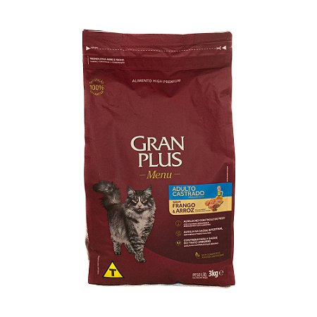 Ração GranPlus Gatos Castrados Frango & Arroz 3kg – Controle de Peso e Saúde Urinária