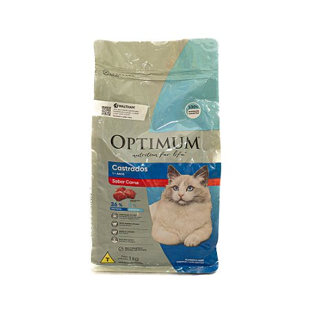 Ração Optimum Gatos Castrados Carne 1kg – Controle de Peso e Saúde Urinária