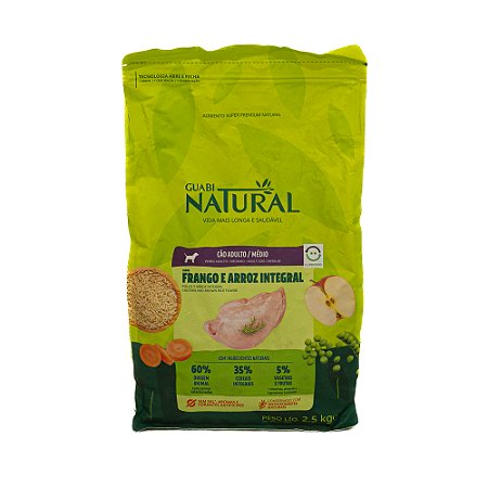 Guabi Natural Cães Adultos Raças Médias Frango & Arroz Integral 2,5kg | Ração Super Premium Natural