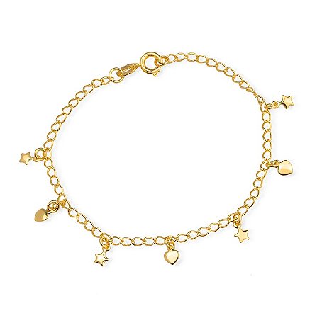 Pulseira Dourada com Pingentes de Coração e Estrela