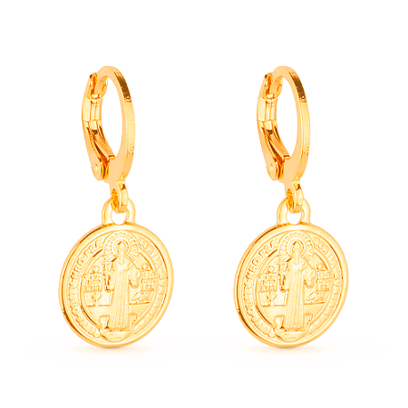 Brinco Dourado de Argolinha Com Medalha Religiosa
