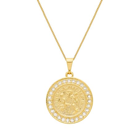Colar Dourado Medalha São Miguel Arcanjo Cravejado de Zircônia