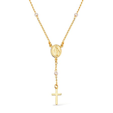 Colar Dourado Religioso Terço Cruz e Pérolas