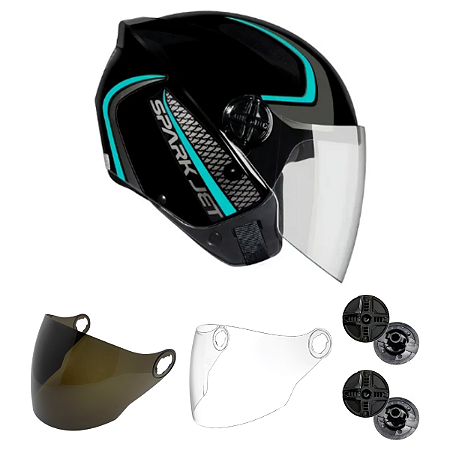 Capacete Spark Jet Speed Preto e Azul+2 Viseiras+2 Botões
