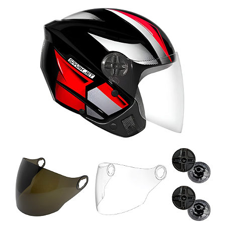 Capacete Spark Jet Square Preto/Vermelho+2 Viseiras+2 Botões