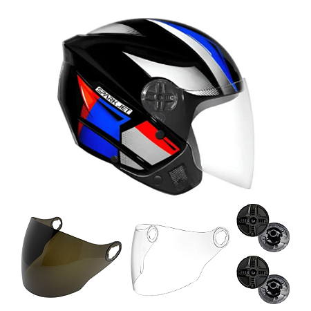Capacete Spark Jet Square Preto/Azul + 2 Viseiras + 2 Botões