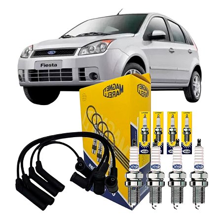 Kit 4 Velas + Cabos Ignição Fiesta 1.6 2002-2008 Magneti Marelli